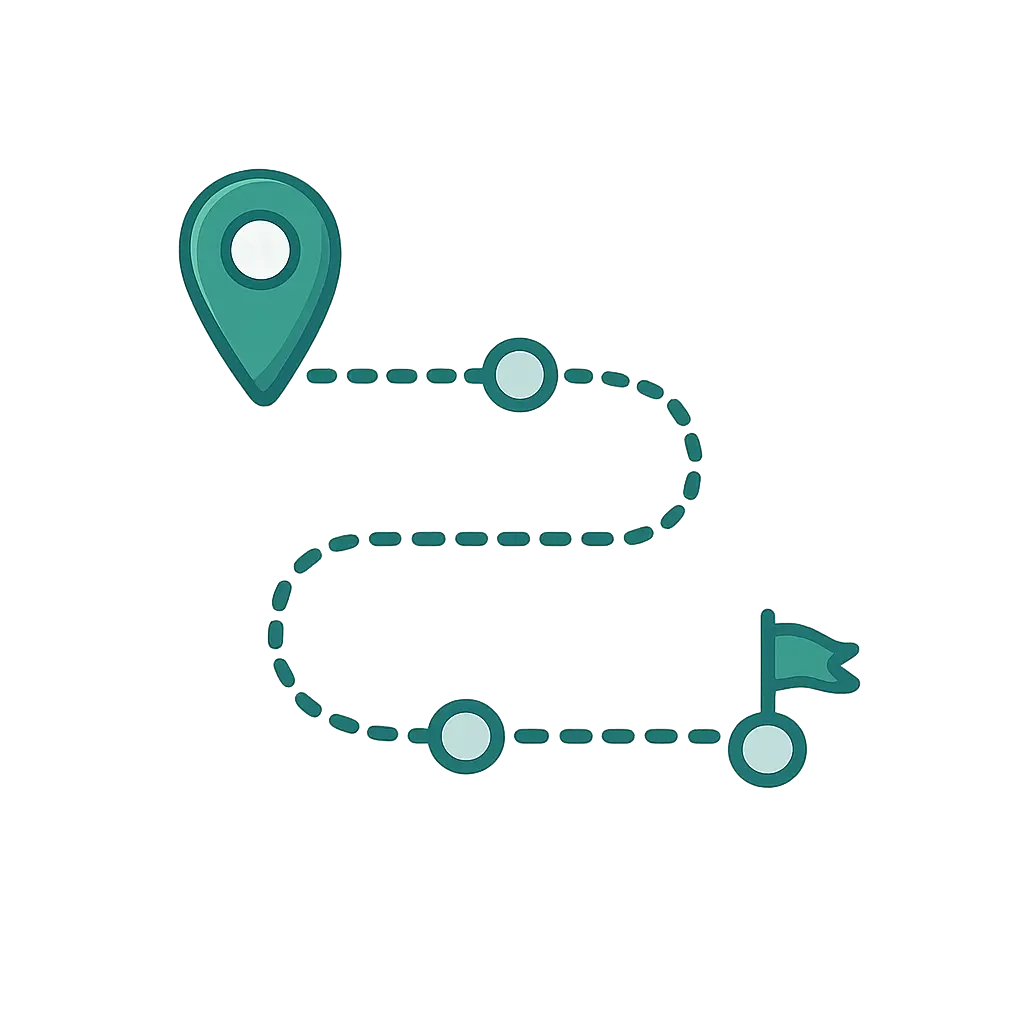 Icône représentant un itinéraire de voyage avec point de départ, étapes intermédiaires et destination finale.