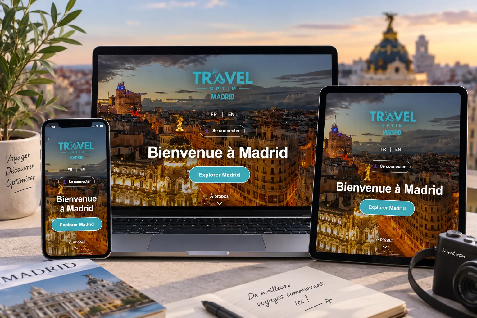 TravelOptim Madrid app displayed on a computer, tablet, and smartphone to help travelers plan and organize their trip to Madrid.