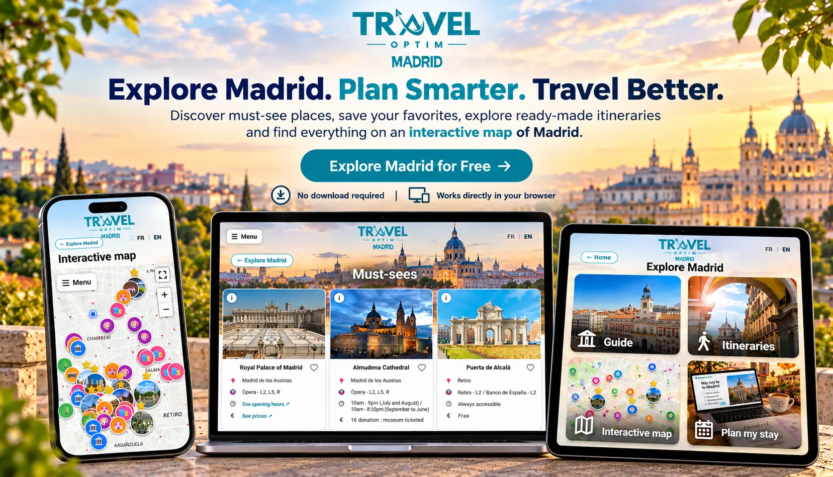 TravelOptim Madrid travel app displayed on smartphone, tablet and computer, featuring an interactive map, travel guide, must-see attractions and itineraries for planning a trip to Madrid.