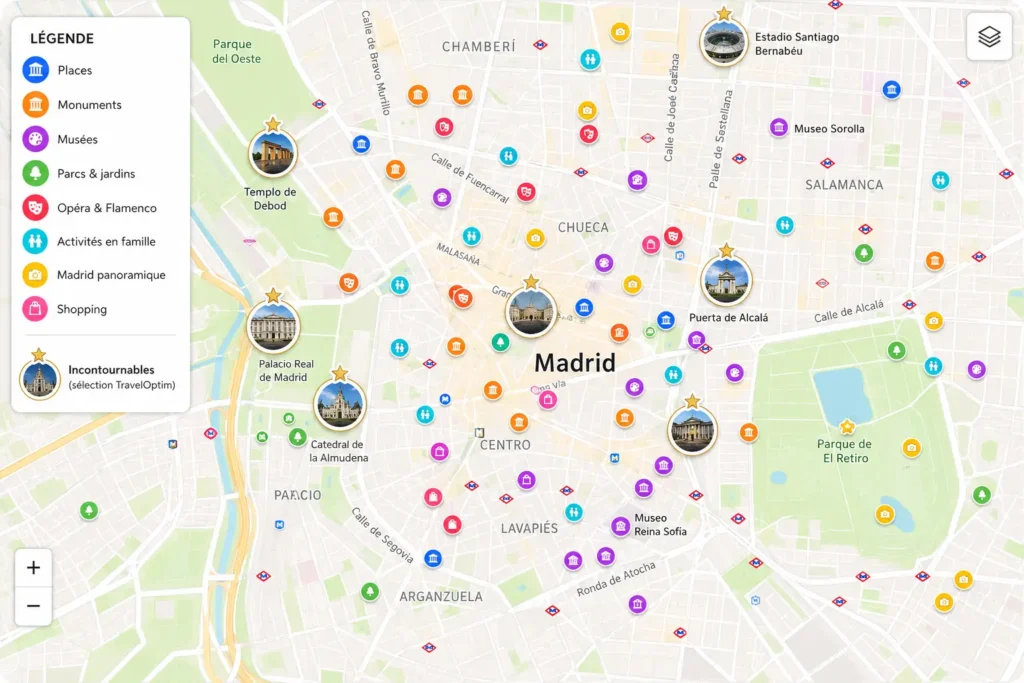 Carte interactive TravelOptim de Madrid affichant les lieux à visiter, les stations de métro et les itinéraires pour organiser son séjour.