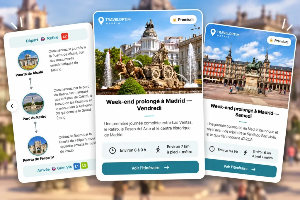 Itinéraires TravelOptim à Madrid avec étapes, durée, distance et transports