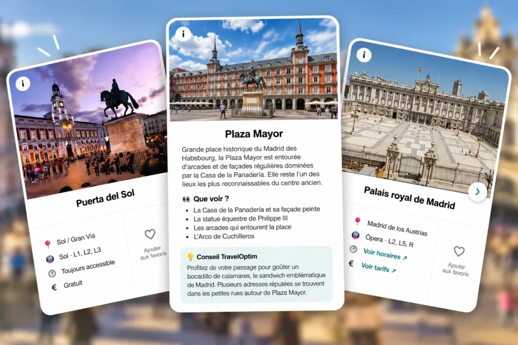 Fiches recto-verso TravelOptim pour découvrir les lieux incontournables de Madrid